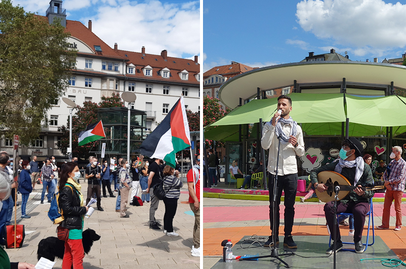 Kundgebung Stuttgart, 29. Mai 2021, Julianna Herzberg liest Gedichte, Begleitung mit Oud Nour Darwish